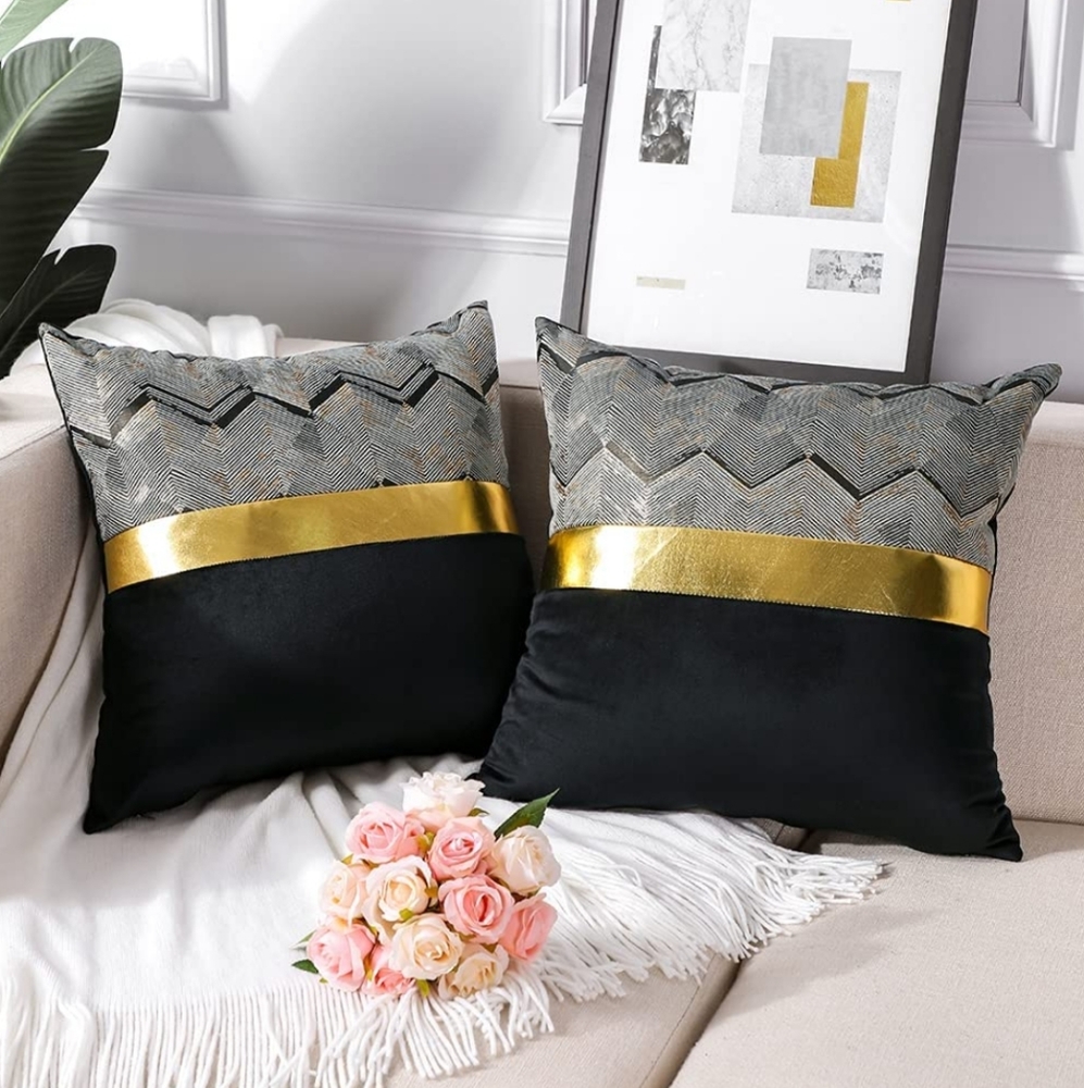 Artscope Black Velvet/ Gold Leather Stitching Throw Pillow Covers